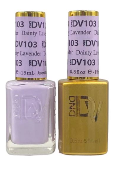 DND Diva Duo Gel and Polish in Dainty Lavender 103, showcasing a vibrant lavender gel nail polish and lacquer finish.