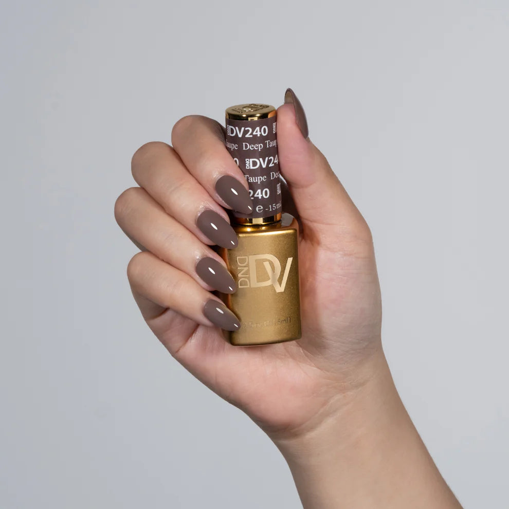 DND Diva Duo Gel & Polish in Deep Taupe 240, featuring a gel nail polish and lacquer set with a smooth, deep taupe finish.