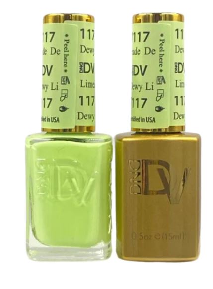 DND Diva Duo Gel and Polish Dewy Limeade 117, vibrant lime green nail polish and gel with glossy finish.