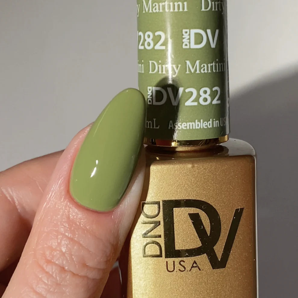 DND Diva Duo Gel & Polish in Dirty Martini 282 showing a stylish dark green gel nail polish and lacquer application with glossy finish.
