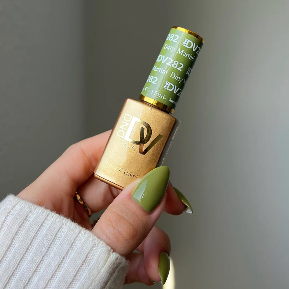 DND Diva Duo Gel and Polish in Dirty Martini 282, showing the gel nail polish and lacquer bottles with dark green color