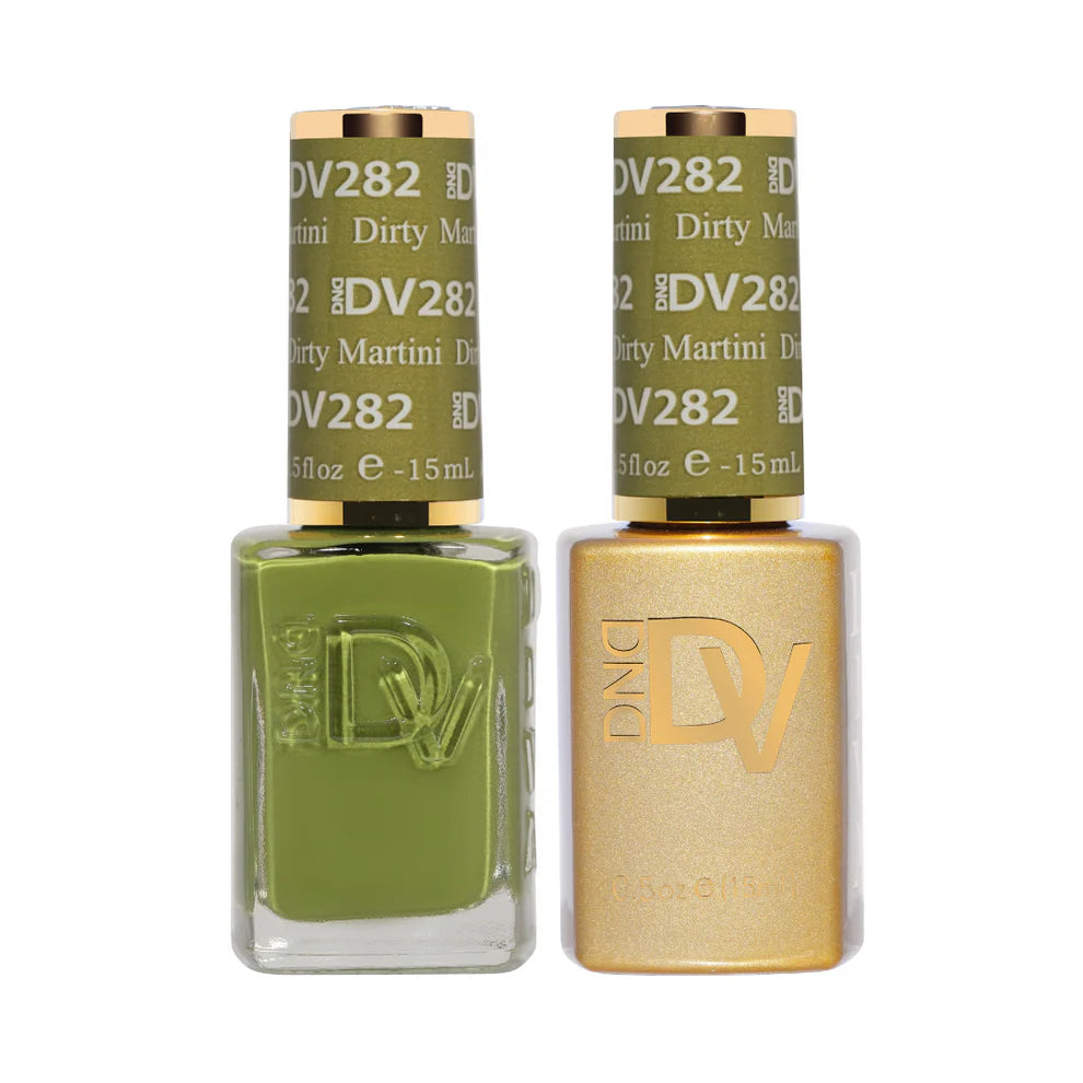 DND Diva Duo Gel & Polish in Dirty Martini 282, showing a gel nail polish and lacquer bottle with dark green finish.