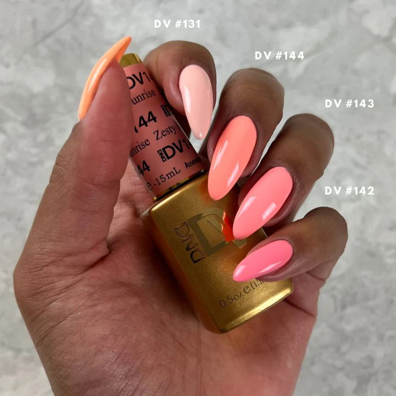 DND Diva Duo Gel & Polish Don't Sugarcoat It 142 with multiple nail polish bottles and gel nail polish shades.
