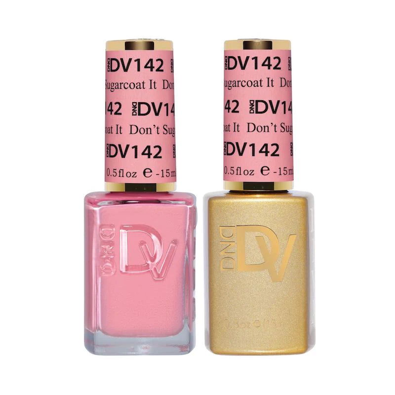 DND Diva Duo Gel and Polish in Don't Sugarcoat It 142, featuring a vibrant pink gel nail polish and matching lacquer.