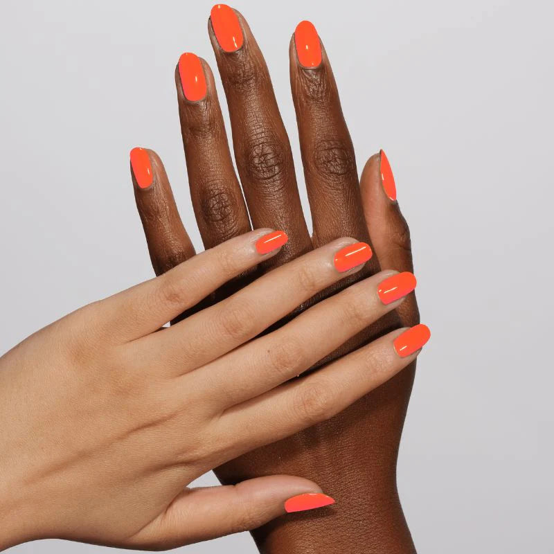 DND Diva Duo Gel & Polish Fire Breather 217, vibrant orange gel nail polish and lacquer with fiery finish.