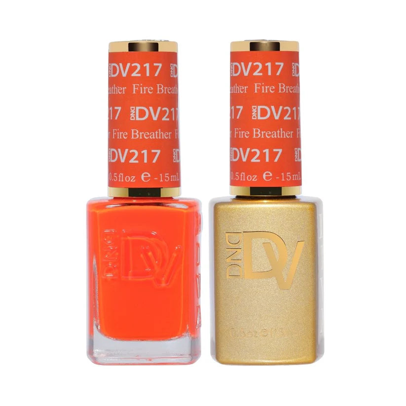 DND Diva Duo gel and polish in Fire Breather 217, showcasing vibrant orange-red gel nail polish and matching lacquer.