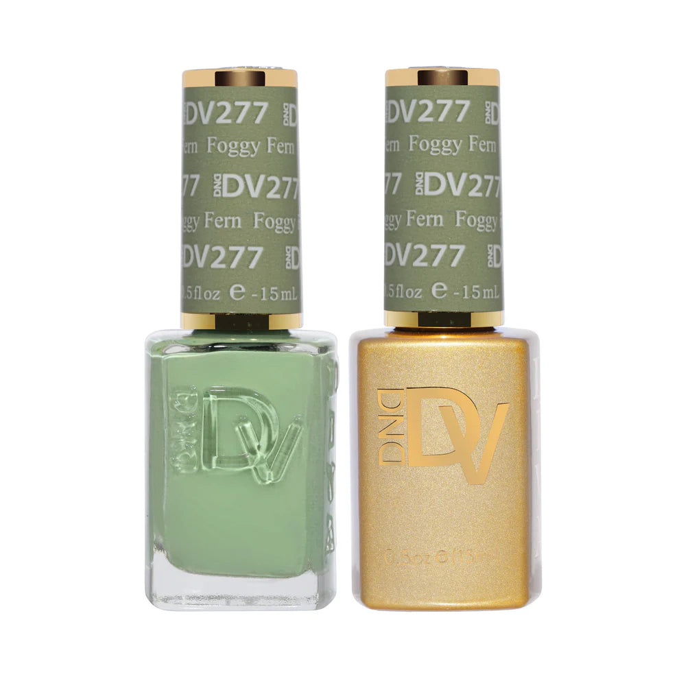 DND Diva Duo Gel & Polish in Foggy Fern 277, showing a stylish green gel nail polish and lacquer finish.