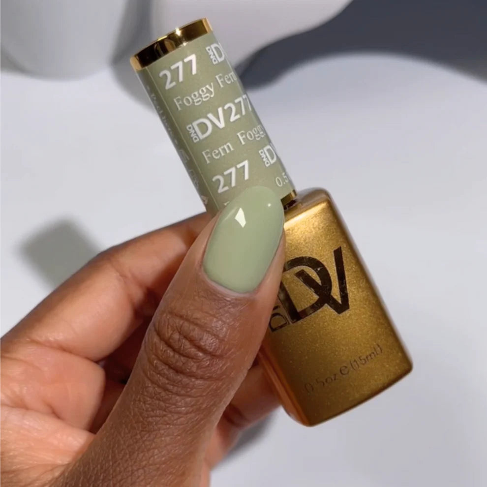 DND Diva Duo Gel and Polish in Foggy Fern 277, featuring a dual gel nail polish and lacquer set with earthy green hue.