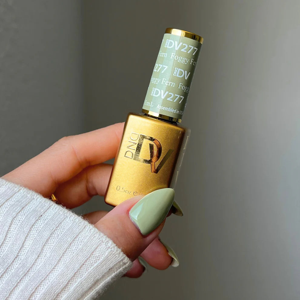 DND Diva Duo Foggy Fern 277 gel nail polish and lacquer set with a muted green finish, displayed in a clear bottle.