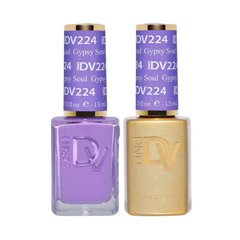 DND Diva Duo Gel & Polish in Gypsy Soul 224, featuring a vibrant gel nail polish and lacquer finish with colorful swatches.