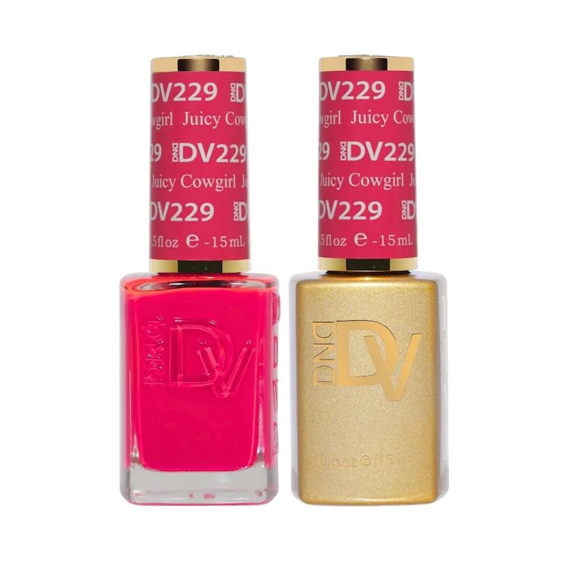 DND Diva Duo Gel & Polish Juicy Cowgirl 229 with vibrant pink gel nail polish and matching lacquer swatches on a neutral background.