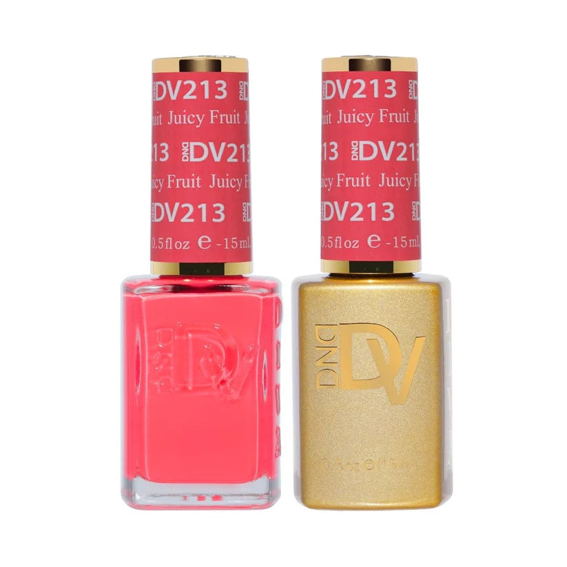 DND Diva Duo Gel & Polish Juicy Fruit 213 set featuring vibrant orange gel nail polish and matching lacquer for stylish nails.