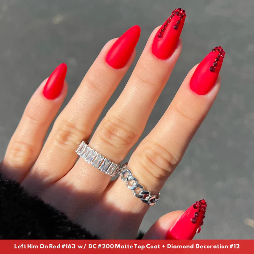 DND Diva Duo Gel and Polish in Left Him On Red 163, showcasing vibrant red gel nail polish and lacquer with a glossy finish.