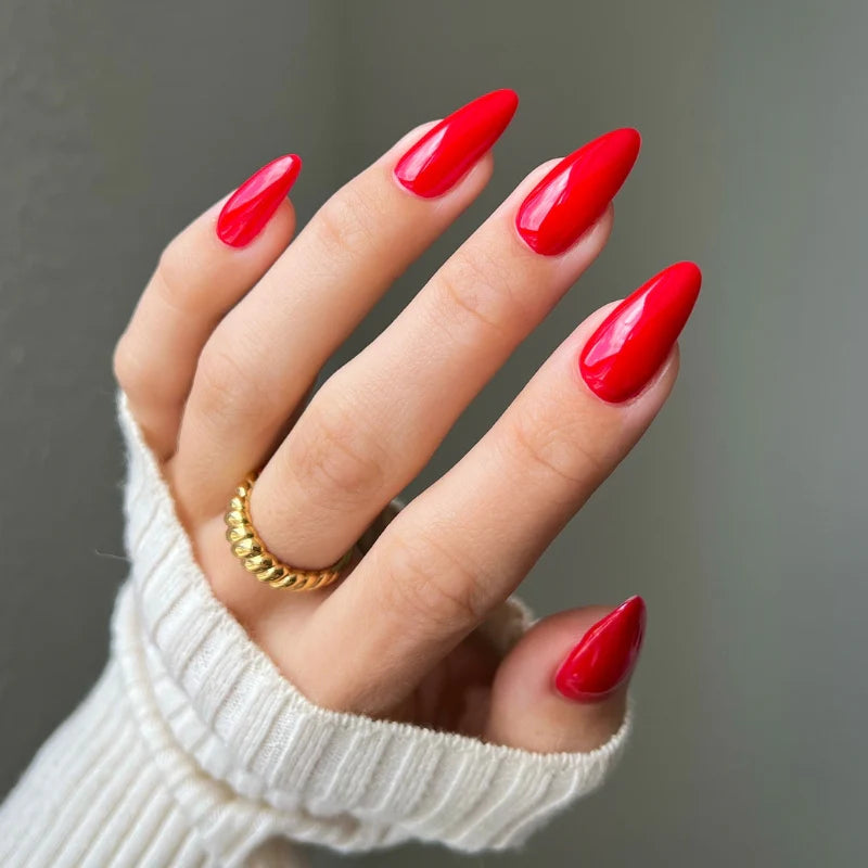 DND Diva Duo Gel & Polish in Left Him On Red 163, vibrant red gel nail polish with lacquer finish, shown on nails.