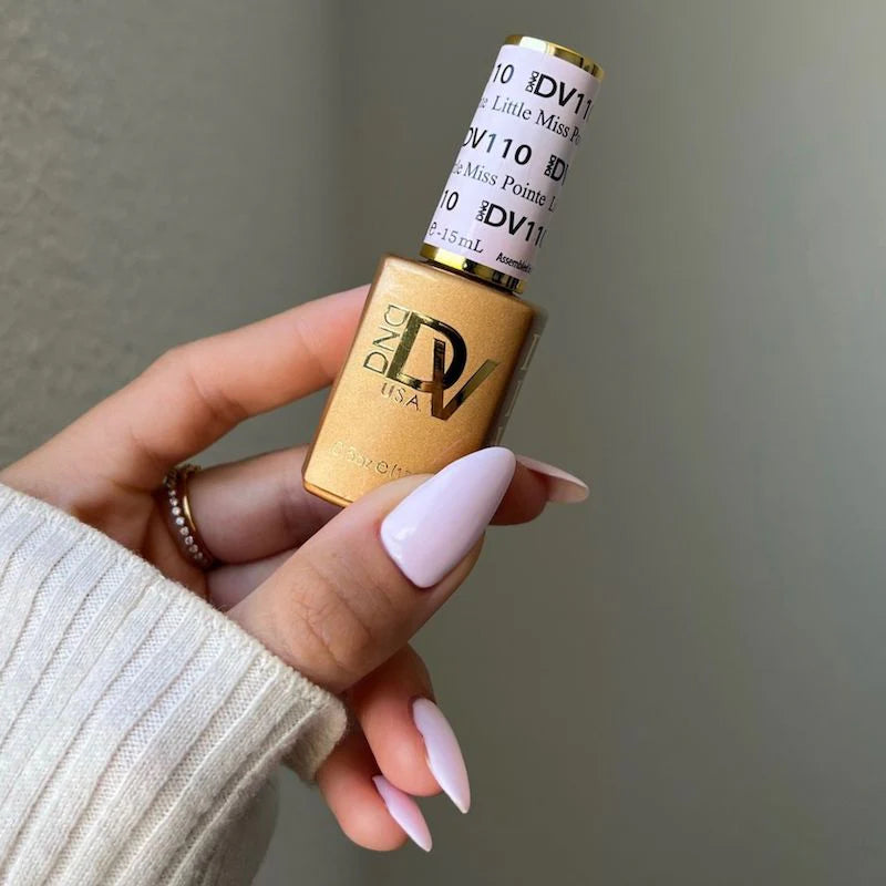 DND Diva Duo Gel & Polish Little Miss Pointe 110 swatch showing vibrant pink gel nail polish and lacquer bottle