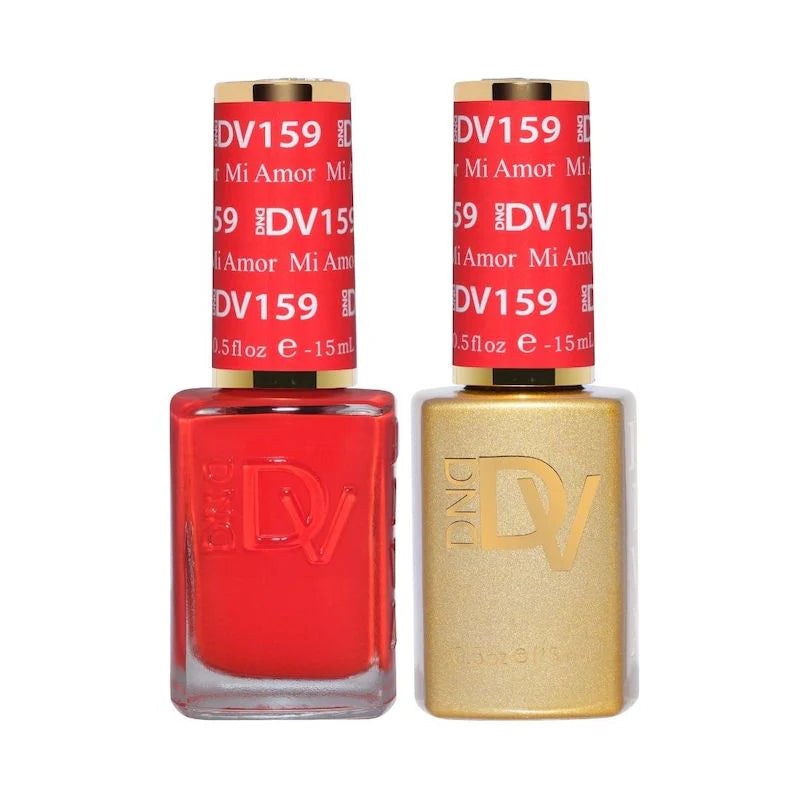 DND Diva Duo Gel and Polish in Mi Amor 159 featuring a glossy pink and purple nail color set with gel and lacquer bottles.