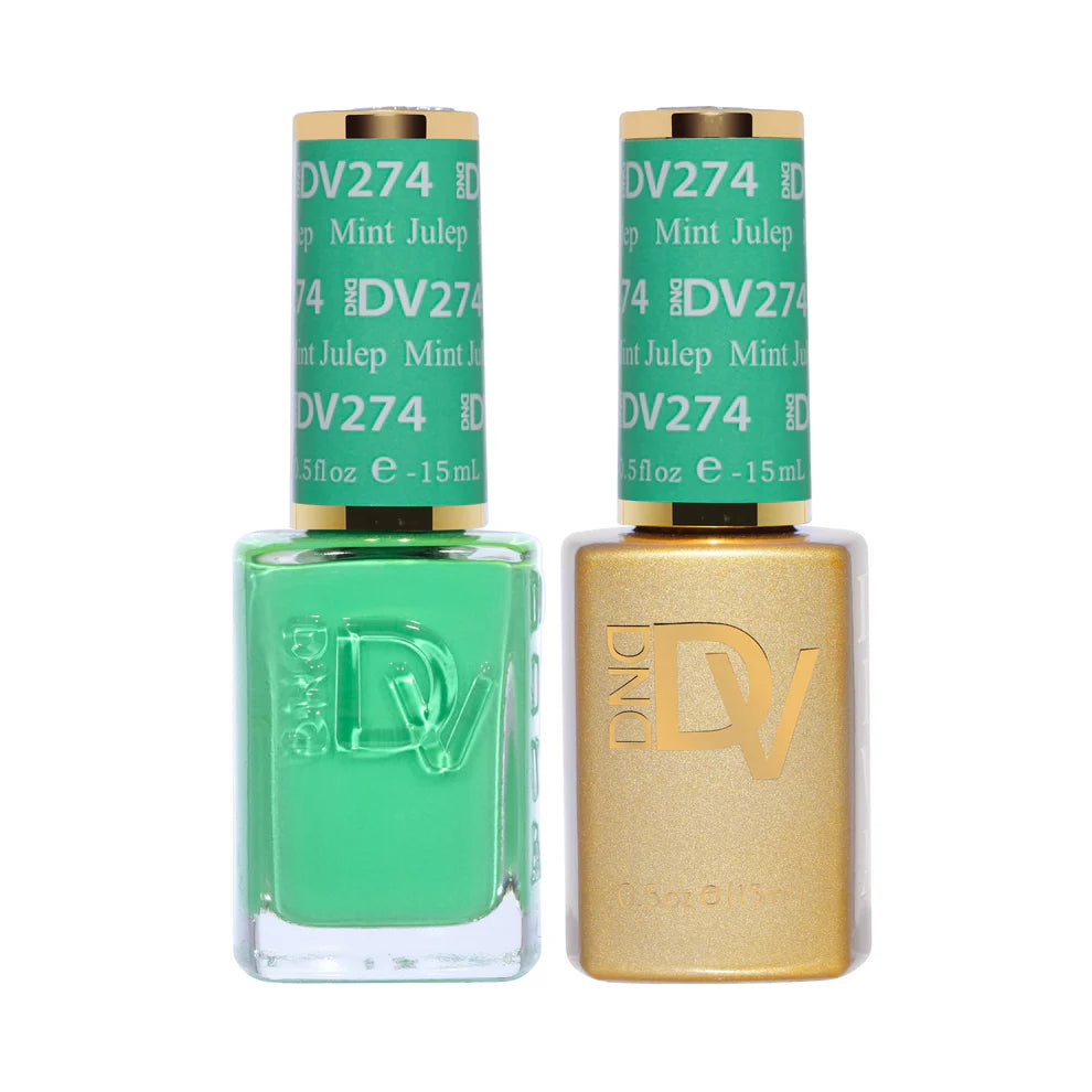 DND Diva Duo Gel & Polish in Mint Julep 274, featuring a vibrant mint green gel nail polish and matching lacquer.