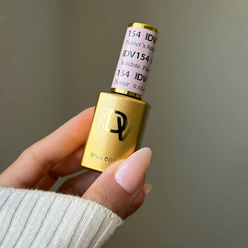 DND Diva Duo Gel & Polish Painter's Antidote 154 bottle with black cap and colorful label, showcasing gel nail polish and lacquer.