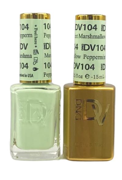 DND Diva Duo Gel and Polish in Peppermint Marshmallow 104, showing a bottle of gel nail polish and lacquer with mint green and white shades.