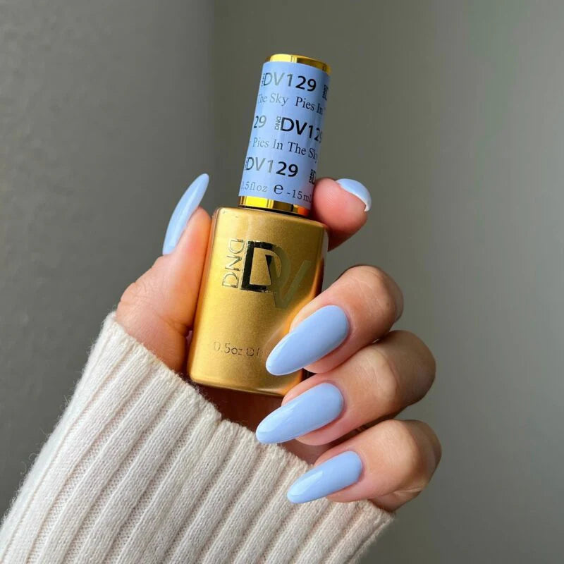 DND Diva Duo Gel & Polish Pies In The Sky 129, gel nail polish and lacquer set with vibrant blue and sky-themed design