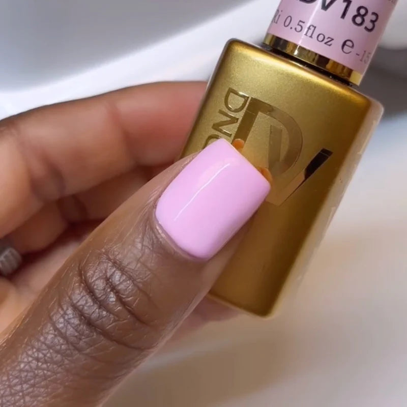 DND Diva Duo Gel & Polish in Pink Ribbons 183, showing a vibrant pink gel nail polish and lacquer with ribbon design.
