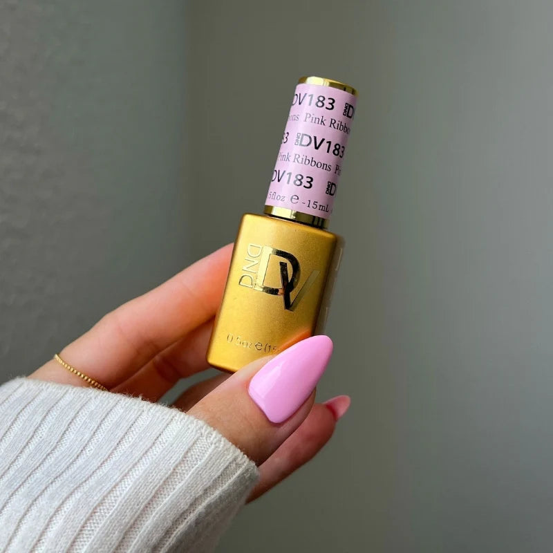 DND Diva Duo Gel & Polish in Pink Ribbons 183, featuring a pink gel nail polish and lacquer with ribbon design.