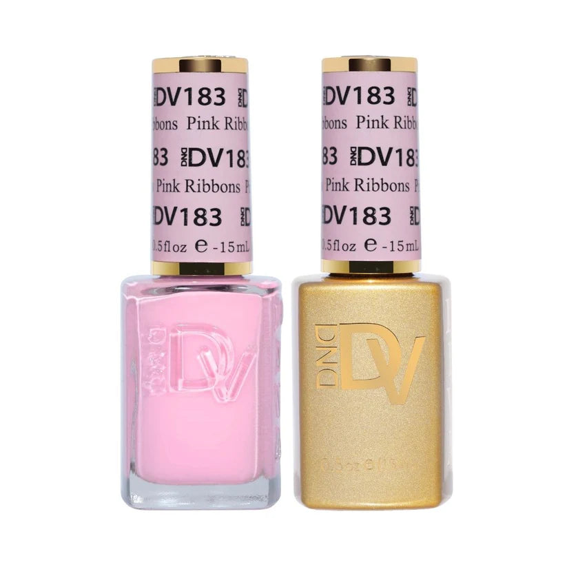 DND Diva Duo Gel and Polish in Pink Ribbons, featuring a bottle of gel nail polish and lacquer with pink ribbon design.