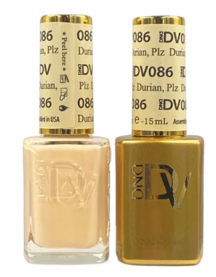 DND Diva Duo Gel & Polish in Plz Durian 086, a gel nail polish and lacquer set with vibrant durian color, displayed in the image.