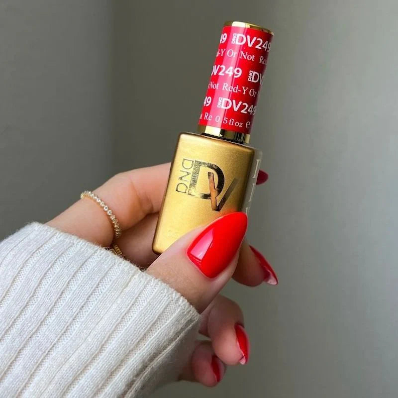 DND Diva Duo Gel & Polish in Red-Y Or Not, featuring a vibrant red gel nail polish and lacquer set with a glossy finish.