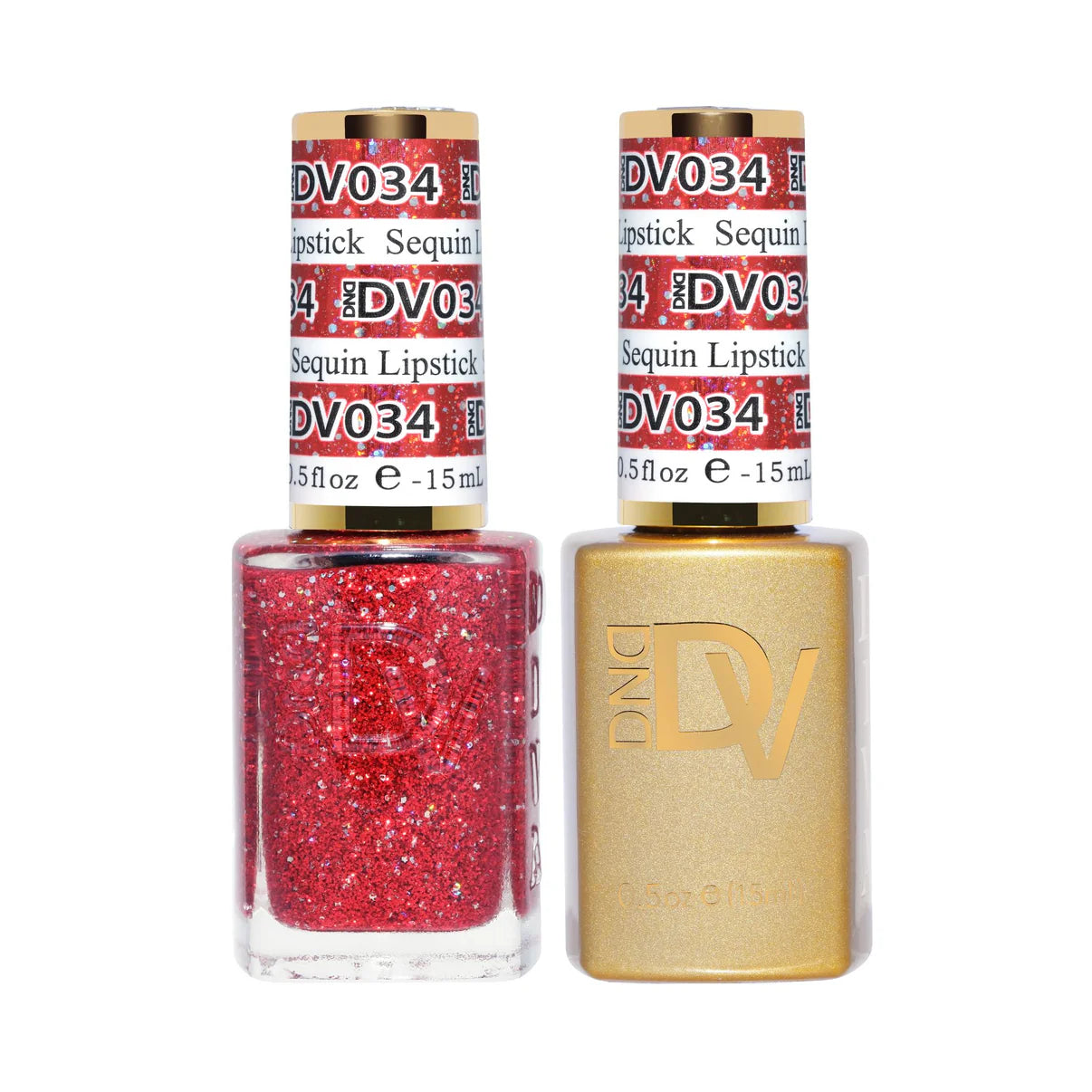 DND Diva Duo Gel & Polish Sequin Lipstick 034, gel nail polish and lacquer with shimmering sequin finish, vibrant and glossy.