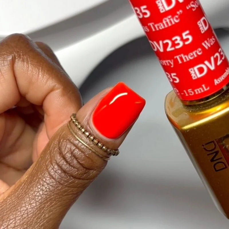 DND Diva Duo Gel & Polish in "Sorry There Was Traffic" 235, featuring a vibrant gel nail polish and lacquer with glossy finish.