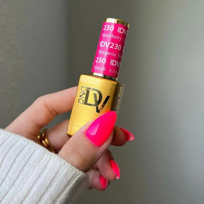 DND Diva Duo Gel and Polish in Strawberry Margarita 230, featuring vibrant strawberry pink gel nail polish and lacquer finish.