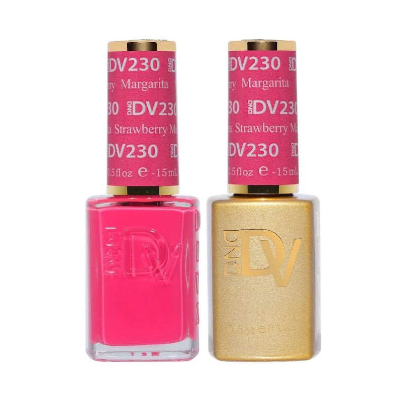 DND Diva Duo Gel & Polish in Strawberry Margarita 230, featuring vibrant pink and red gel nail polish with matching lacquer finish.