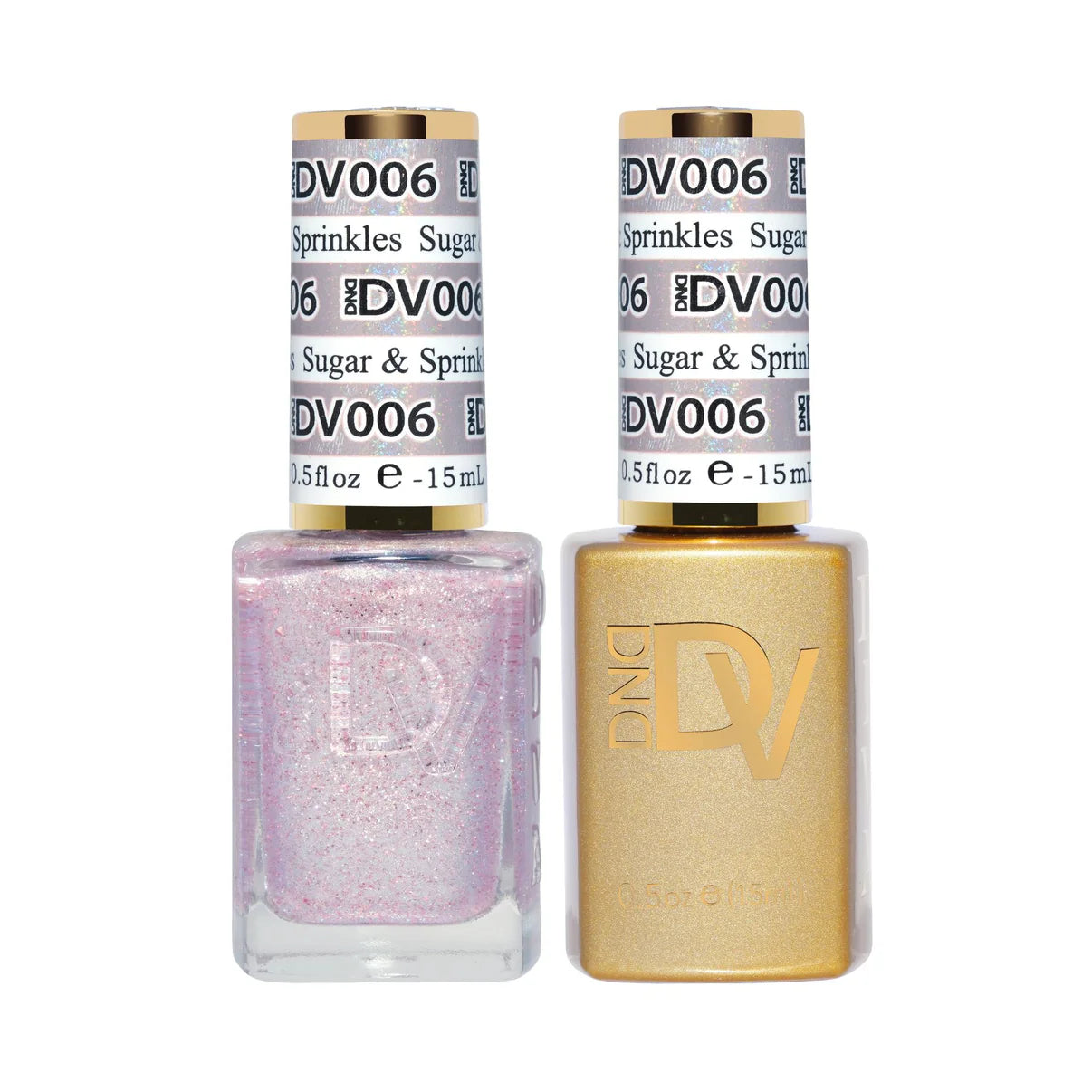 DND Diva Duo Gel & Polish in Sugar & Sprinkles 006 with a vibrant glitter gel and matching nail lacquer.