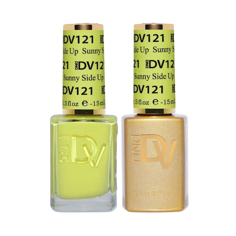 DND Diva Duo gel and polish in Sunny Side Up 121, featuring a bright yellow gel nail polish and matching lacquer.