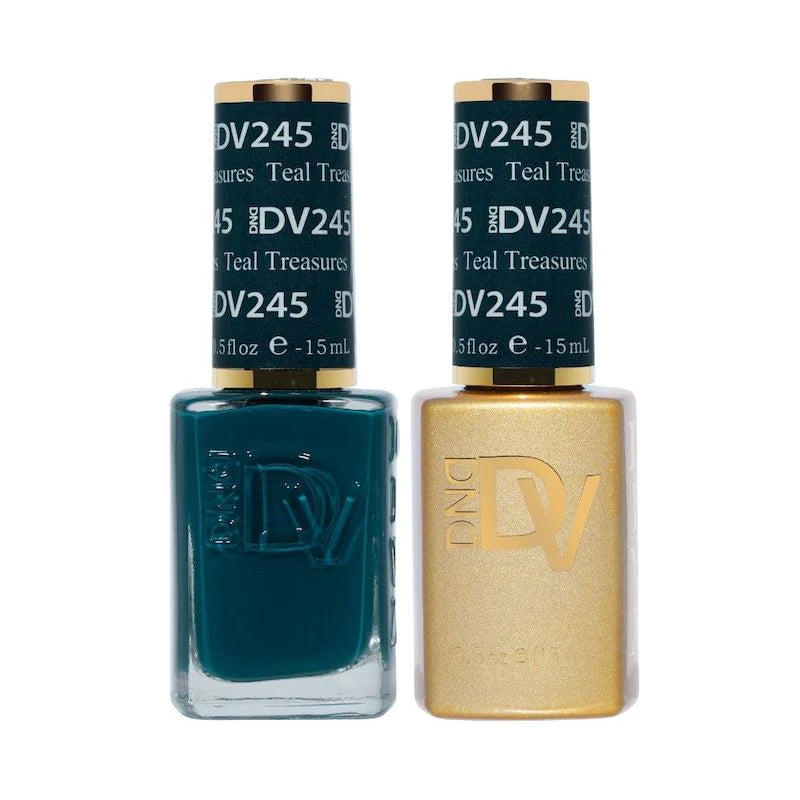 DND Diva Duo Gel & Polish in Teal Treasures 245, showing the vibrant teal gel nail polish and matching lacquer bottles.