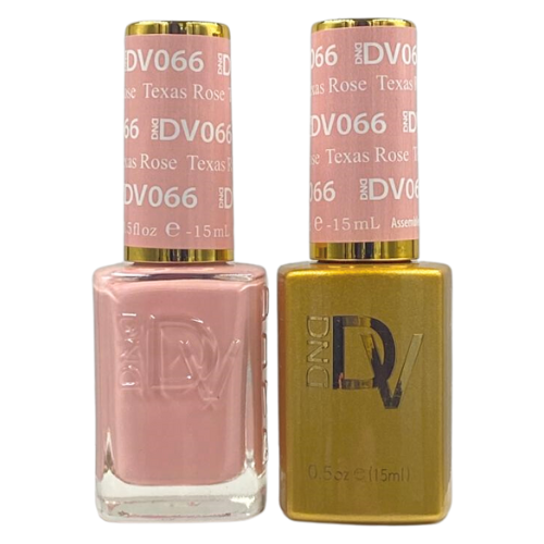 DND Diva Duo Gel & Polish in Texas Rose 066 showing vibrant pink gel nail polish and matching lacquer bottles.