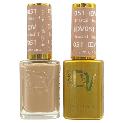 DND Diva Duo Gel & Polish in Toasted 051, a dual gel nail polish and lacquer set with warm nude-brown shade.