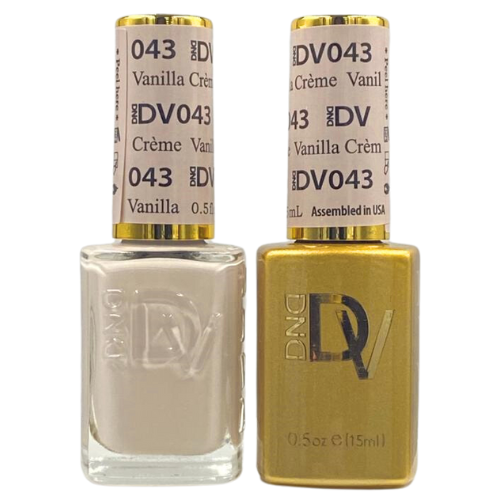 DND Diva Duo Gel & Polish in Vanilla Creme 043, showing a bottle of gel nail polish and lacquer with creamy vanilla color.