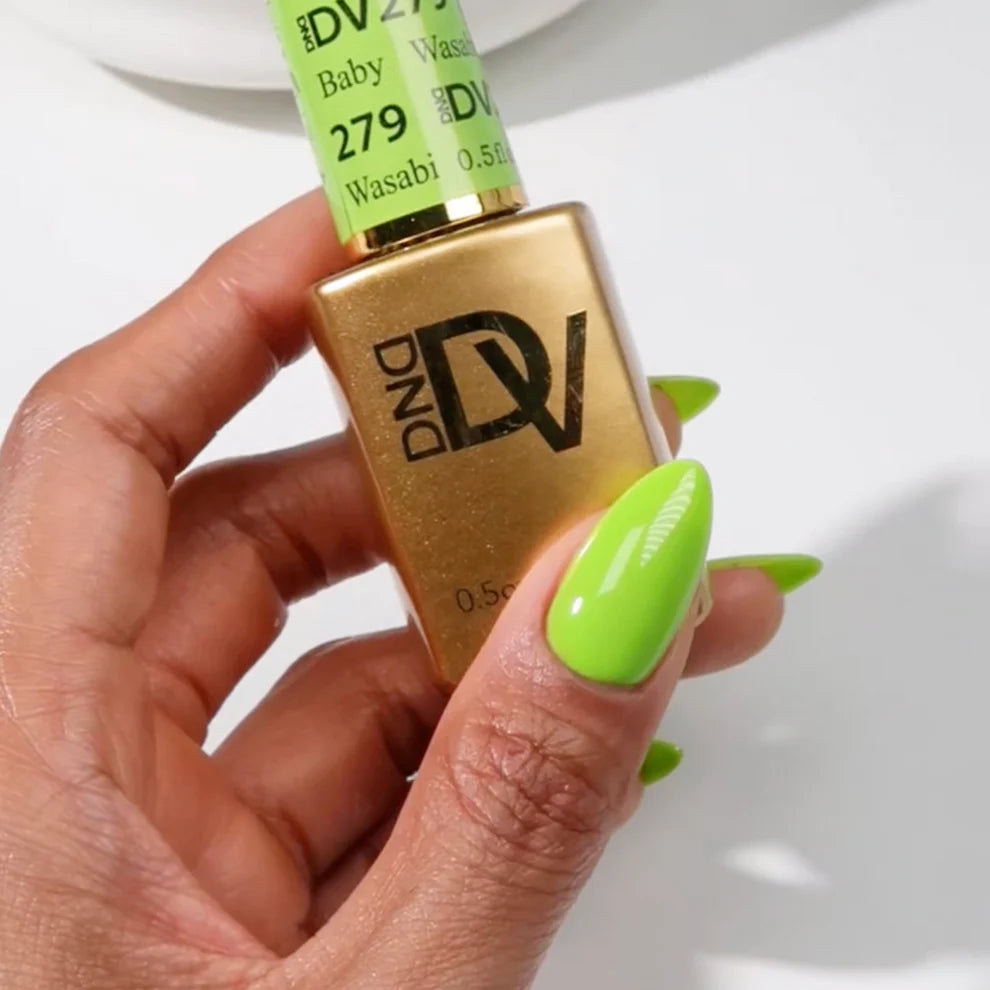 DND Diva Duo Gel & Polish in Wasabi Baby 279, vibrant green gel nail polish and lacquer with glossy finish.