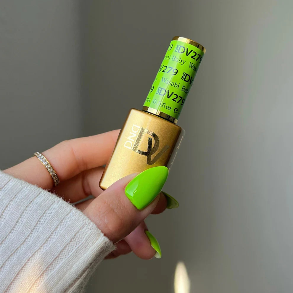 DND Diva Duo Gel & Polish in Wasabi Baby 279, vibrant green gel nail polish and lacquer set, shown in a close-up image.