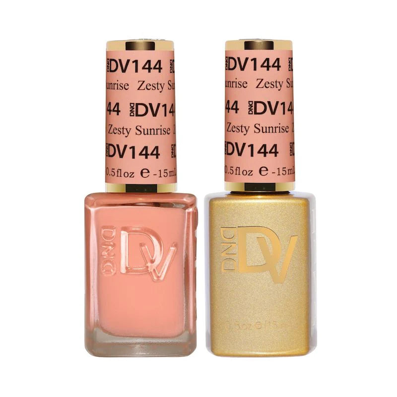 DND Diva Duo Gel & Polish in Zesty Sunrise 144 featuring bright orange gel nail polish and matching lacquer.