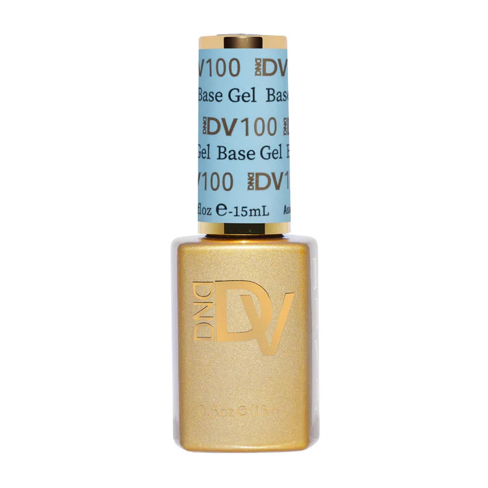 DND Diva Gel Base Coat #100 in clear gel nail polish bottle, used as a base for gel manicures, with a glossy finish.