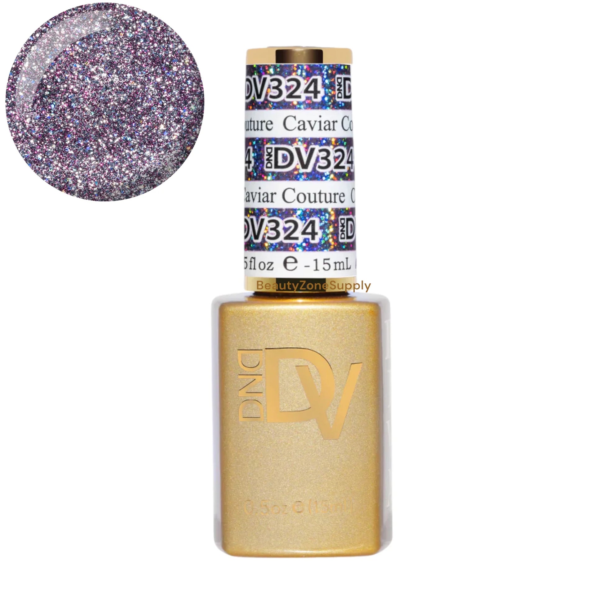 DND Diva Gel Nail Polish in Caviar Couture 324, clear gel with a glossy finish, displayed in a 0.5 oz bottle.