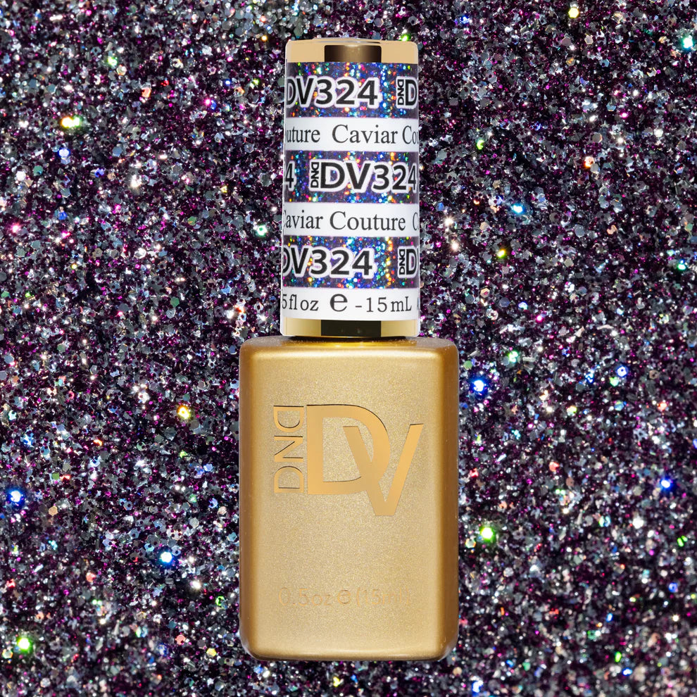 DND Diva Gel nail polish in Caviar Couture 324, clear gel bottle with color label, showcasing the product and branding.