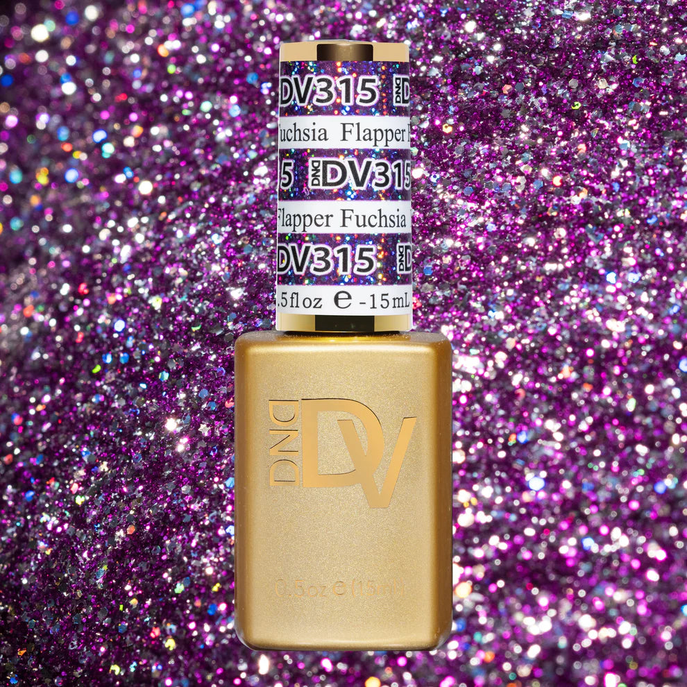 DND Diva Gel Flapper Fuchsia 315 gel nail polish bottle with vibrant pink color and clear cap, on a white background