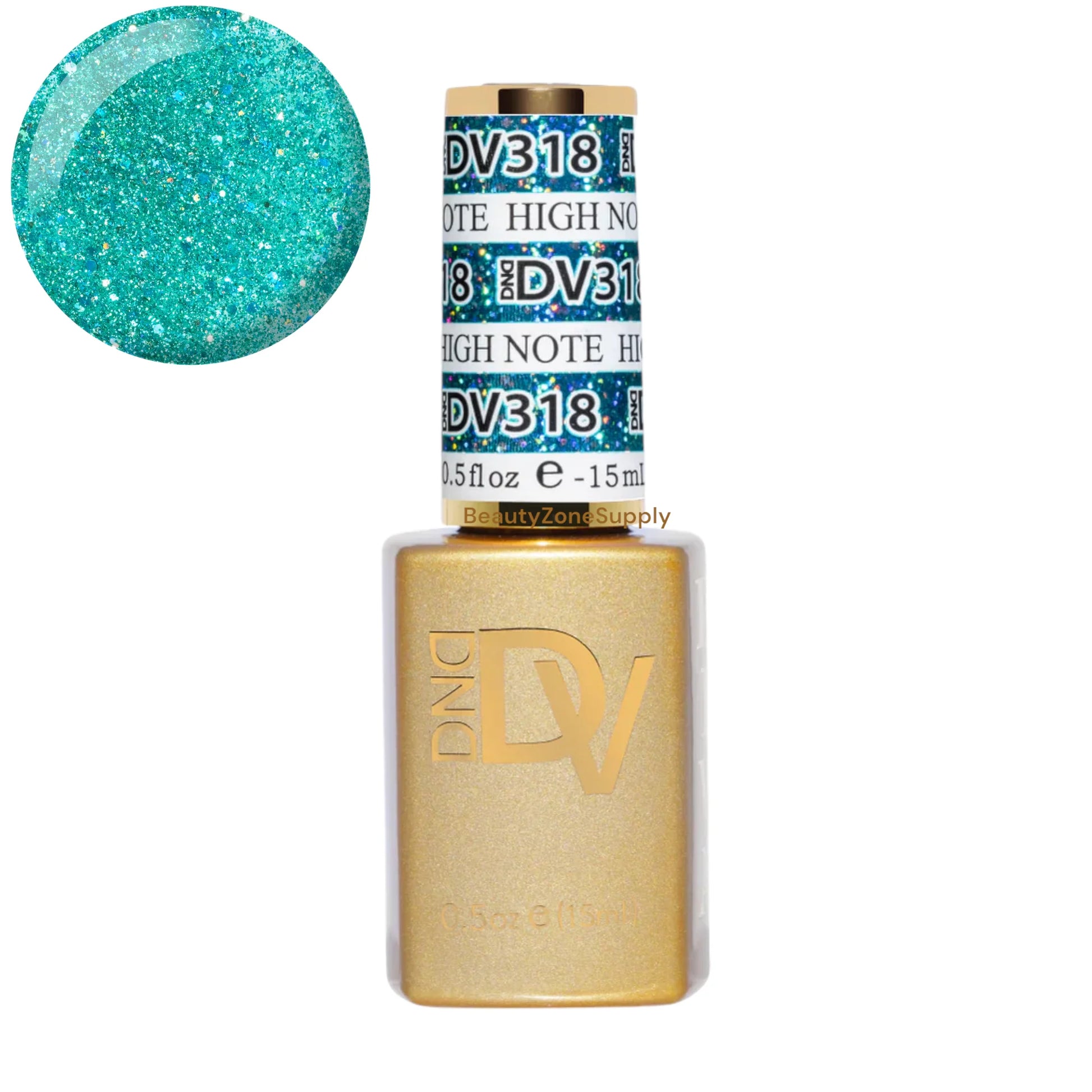 DND Diva Gel High Note 318 clear gel nail polish in a 0.5 oz bottle with platinum finish