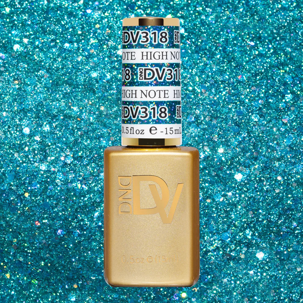 DND Diva Gel High Note 318 clear gel nail polish bottle with black cap, showcasing vibrant color and branding.
