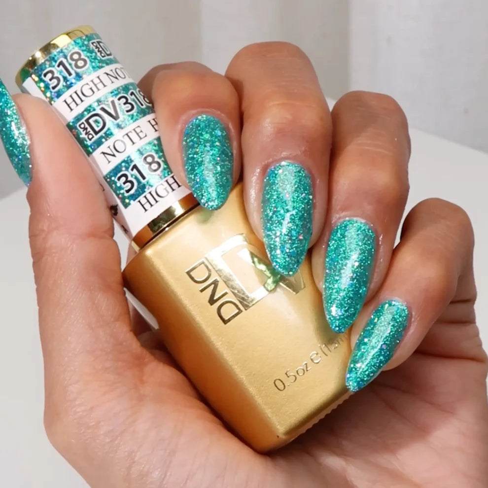 DND Diva Gel High Note 318 clear gel nail polish swatch showcasing glossy, vibrant pink color on a nail.