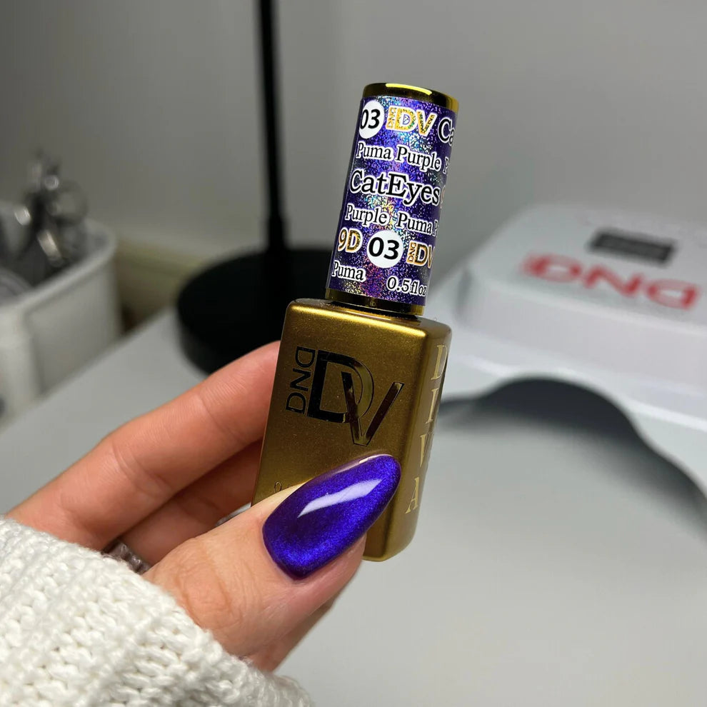 DND Diva 9D Cat Eye Gel Polish in Puma Purple with glassball effect, showcasing vibrant purple color and reflective finish.